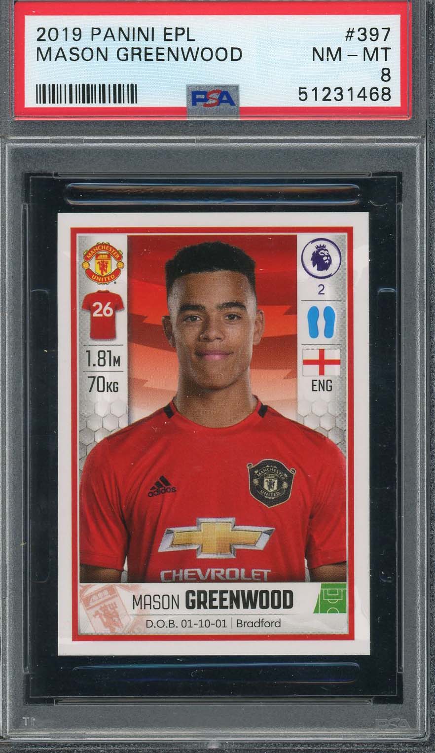 Carte de recrue Mason Greenwood 2019 Panini EPL #397 PSA 8