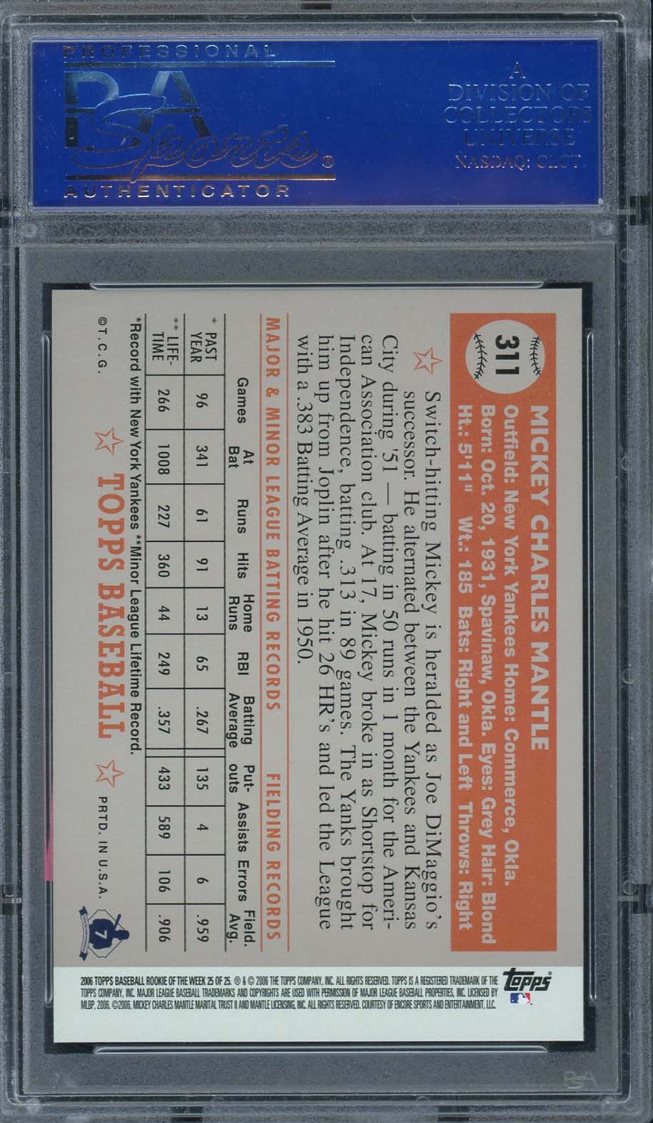 Mickey Mantle 2006 Topps All Time Rookie of the Week Baseball Card #25 Graded PSA 10 GEM MINT-Powers Sports Memorabilia