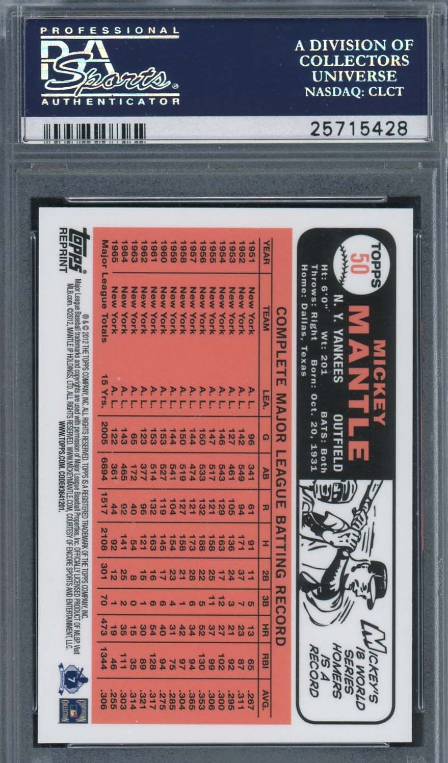 Mickey Mantle 2006 Topps Collection Baseball Card #2005 Graded PSA 10