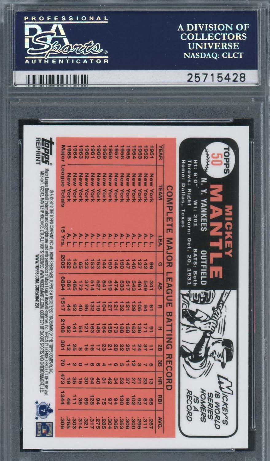 Mickey Mantle 2012 Topps Mantle 1966 Reprint Gold Ref Baseball Card #50 Graded PSA 10 GEM MINT-Powers Sports Memorabilia