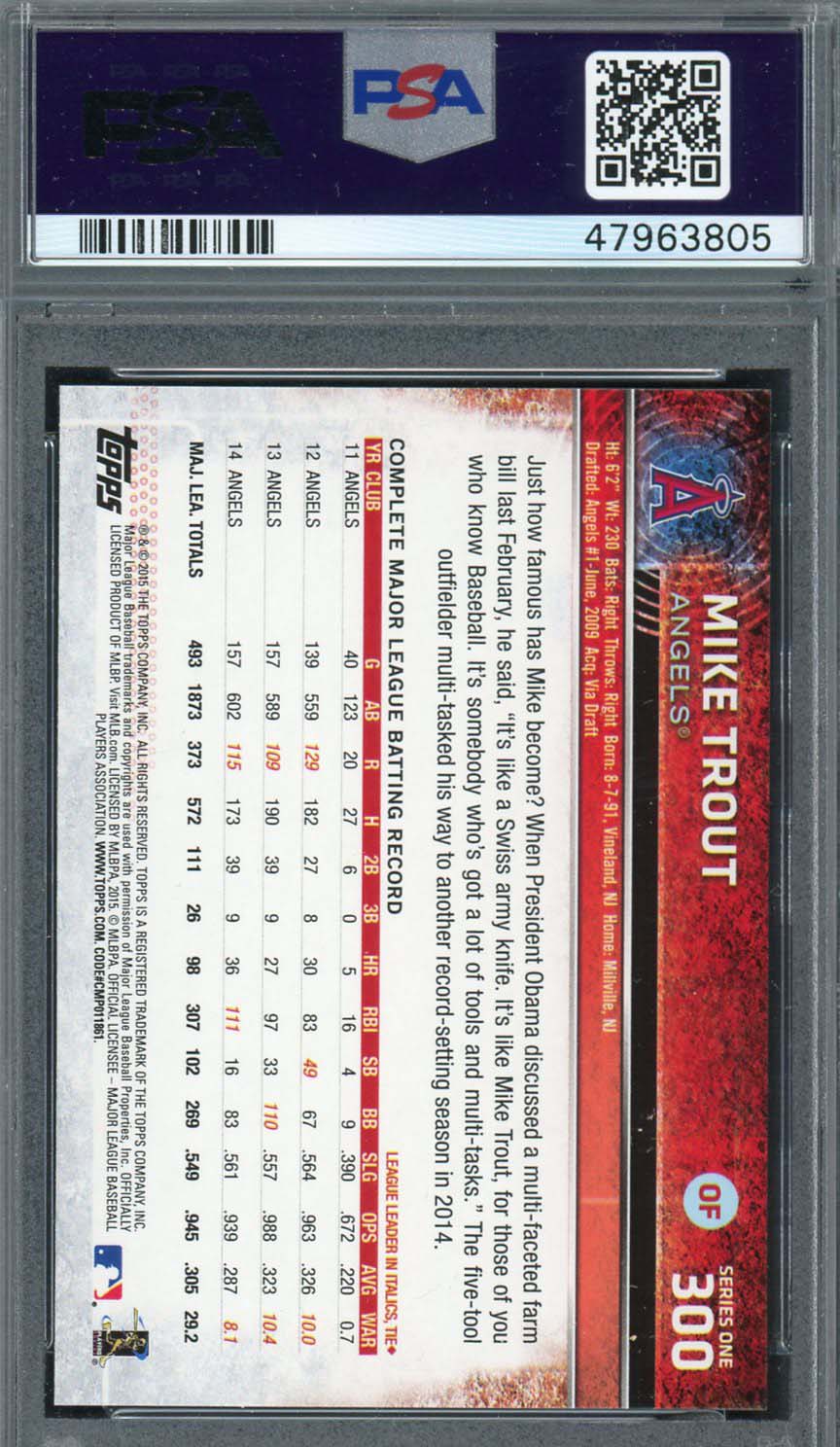 Mike Trout 2015 Topps Baseball Card #300 Graded PSA 10 GEM MINT-Powers Sports Memorabilia