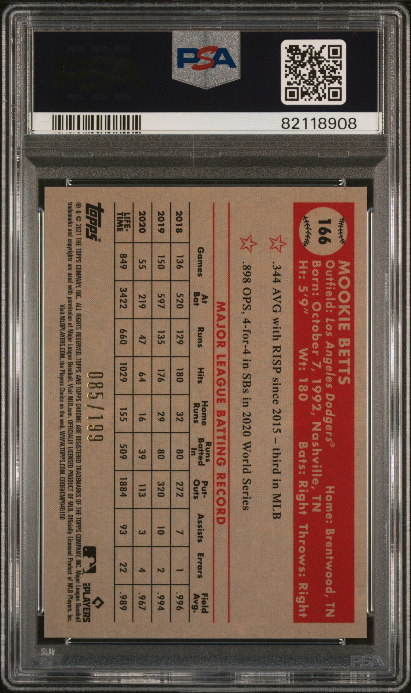 Mookie Betts 2021 Topps Chrome Blue Refractor Baseball Card #166 PSA 10 85/199-Powers Sports Memorabilia