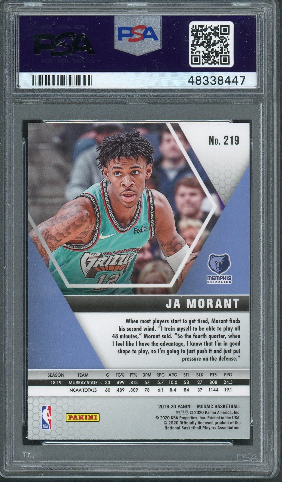 Ja Morant Memphis Grizzles 2019 Panini Mosaic Basketball Rookie Card RC #219 Graded PSA 10 GEM MINT-Powers Sports Memorabilia