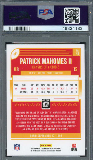 Patrick Mahomes II 2018 Panini Donruss Optic Football Card #49 Graded PSA 9-Powers Sports Memorabilia