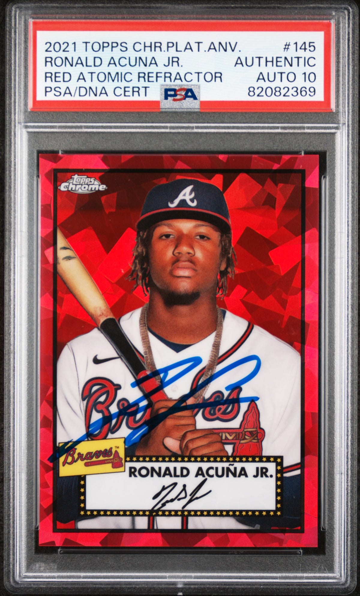 Ronald Acuna Jr 2021 Topps Chrome Red Refractor Card #145 Auto PSA 10