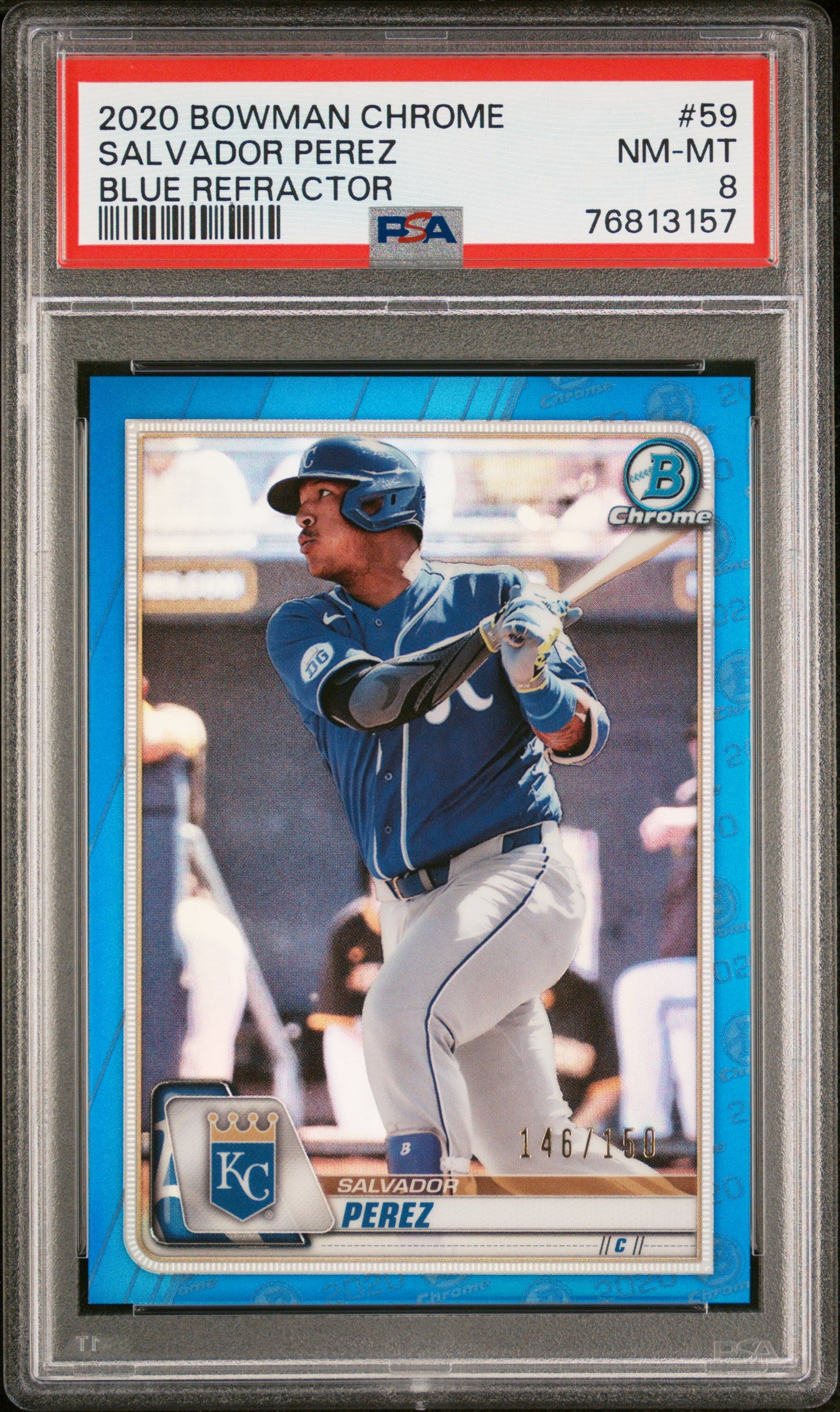 Salvador Perez 2020 Bowman Chrome Blue Refractor Baseball Card #59 PSA 8 146/150-Powers Sports Memorabilia