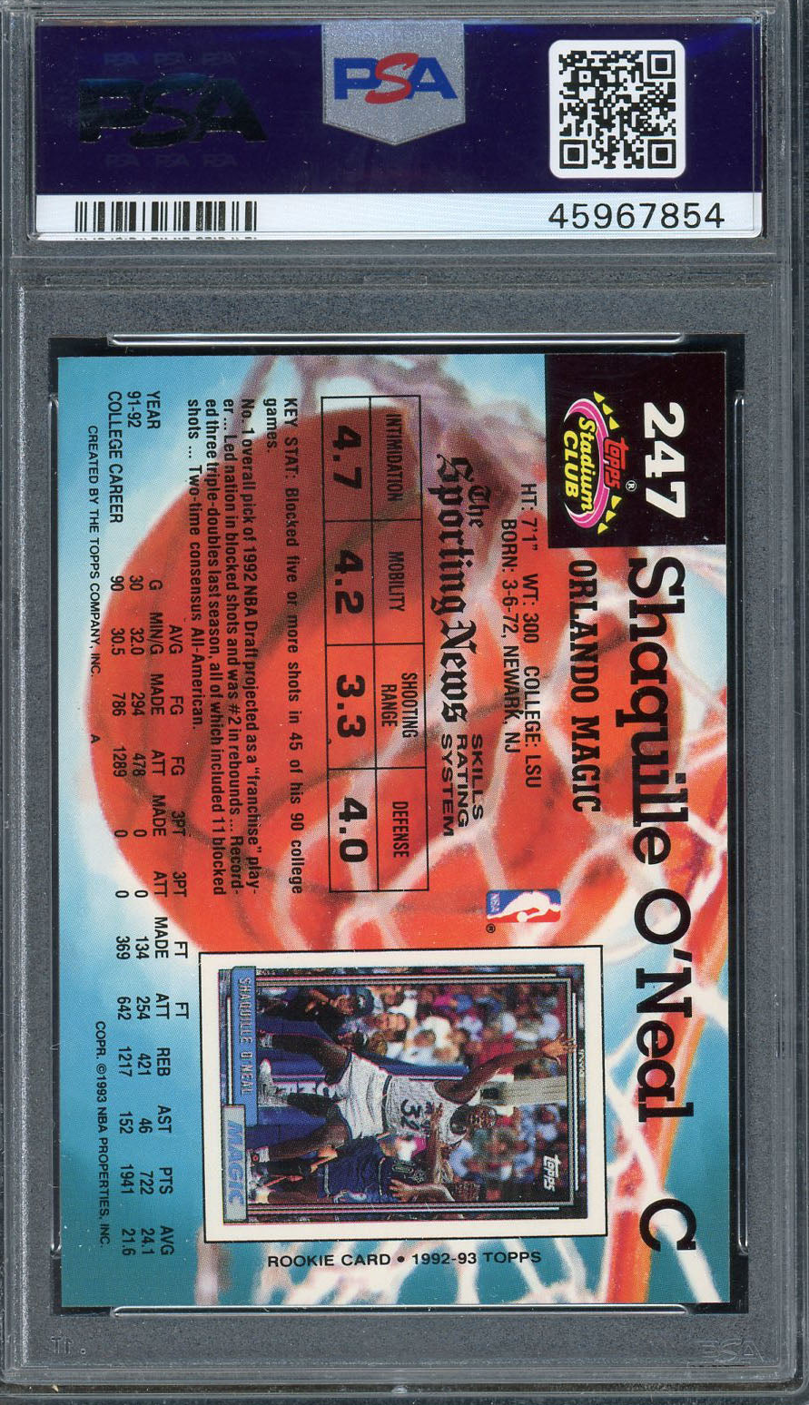 Shaquille O'Neal 1992 Topps Stadium Club Basketball Rookie Card RC #247 Graded PSA 9 MINT-Powers Sports Memorabilia