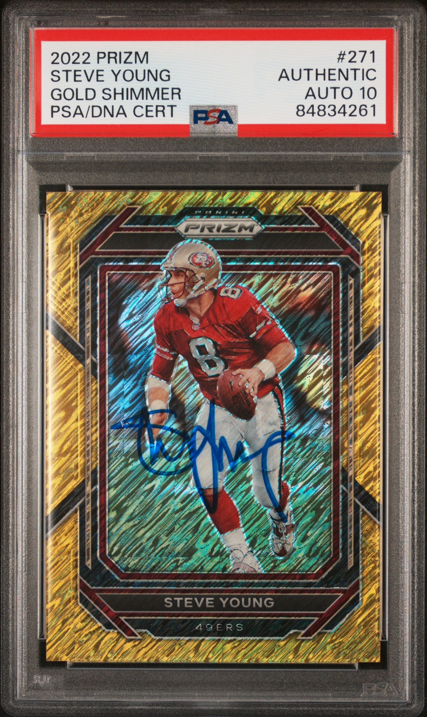 Steve Young 2022 Panini Prizm Gold Shimmer Signed Card #271 Auto PSA 10 2/10