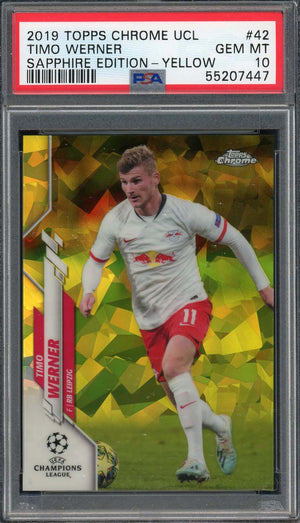 Timo Werner RB Leipzig 2019 Topps Chrome UCL Soccer Card Sapphire Yellow #42 Graded PSA 10 GEM MINT /99-Powers Sports Memorabilia