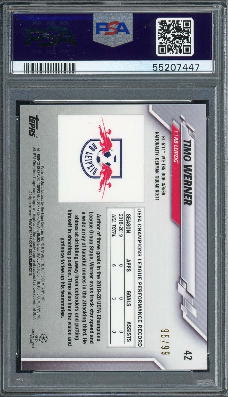 Timo Werner RB Leipzig 2019 Topps Chrome UCL Soccer Card Sapphire Yellow #42 Graded PSA 10 GEM MINT /99-Powers Sports Memorabilia