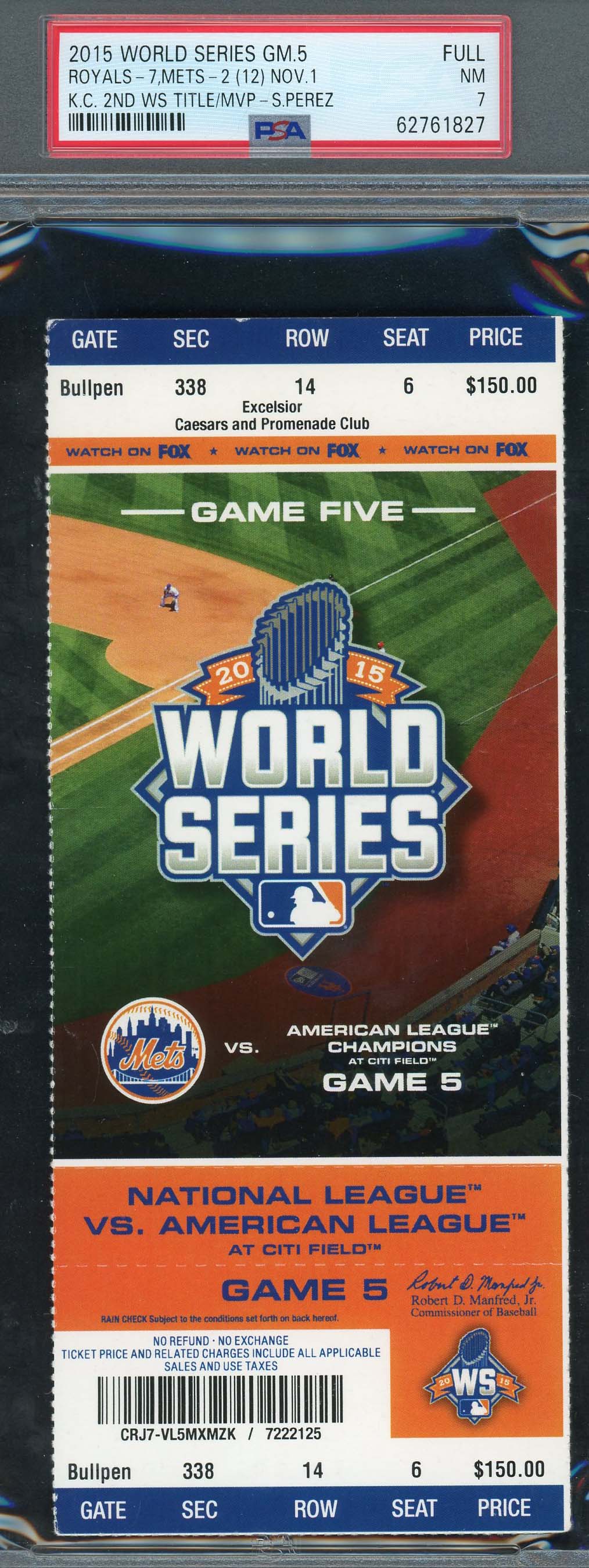2015 World Series Game 5 Kansas City Royals Baseball Graded Full Ticket PSA 7-Powers Sports Memorabilia