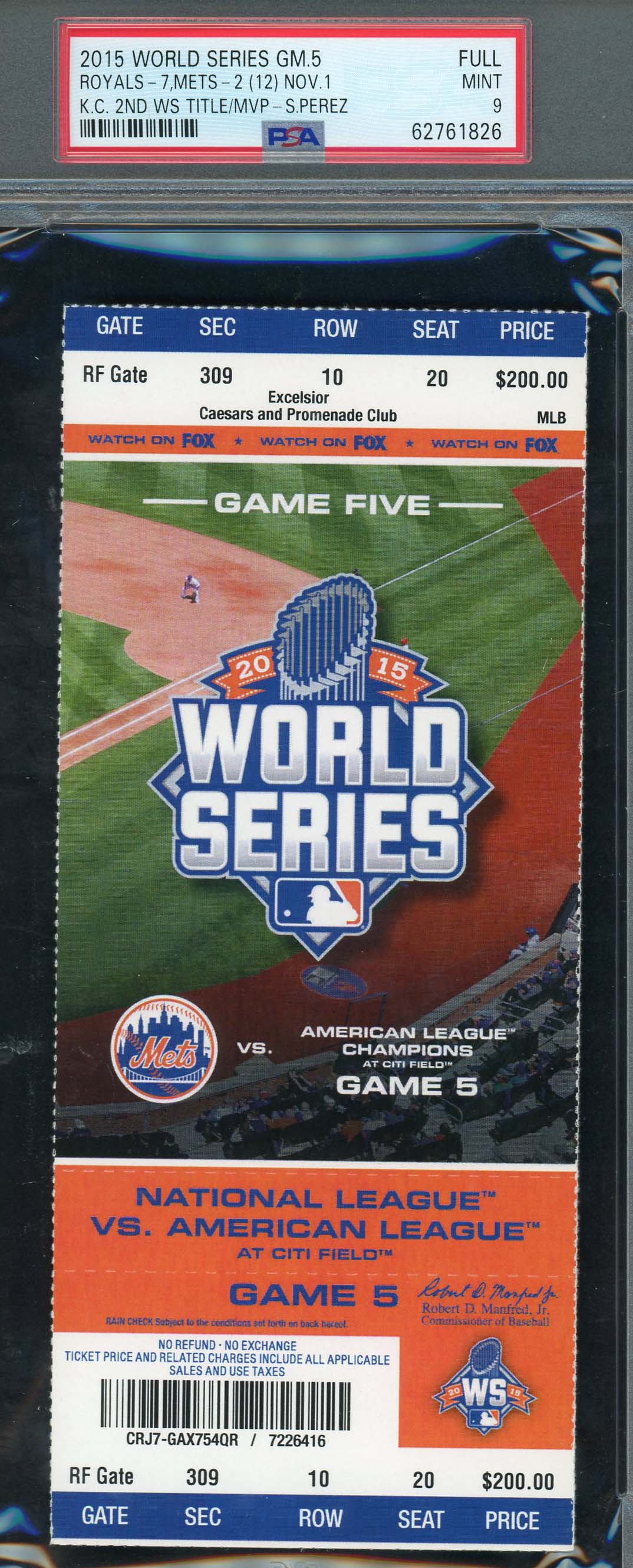 2015 World Series Game 5 Kansas City Royals Baseball Graded Full Ticket PSA 9-Powers Sports Memorabilia