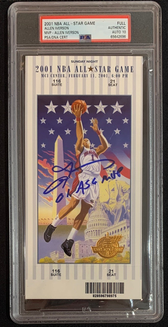 Allen Iverson Autographed 2001 NBA All Star Game MVP Signed Basketball Ticket Auto Graded PSA 10 65642696-Powers Sports Memorabilia