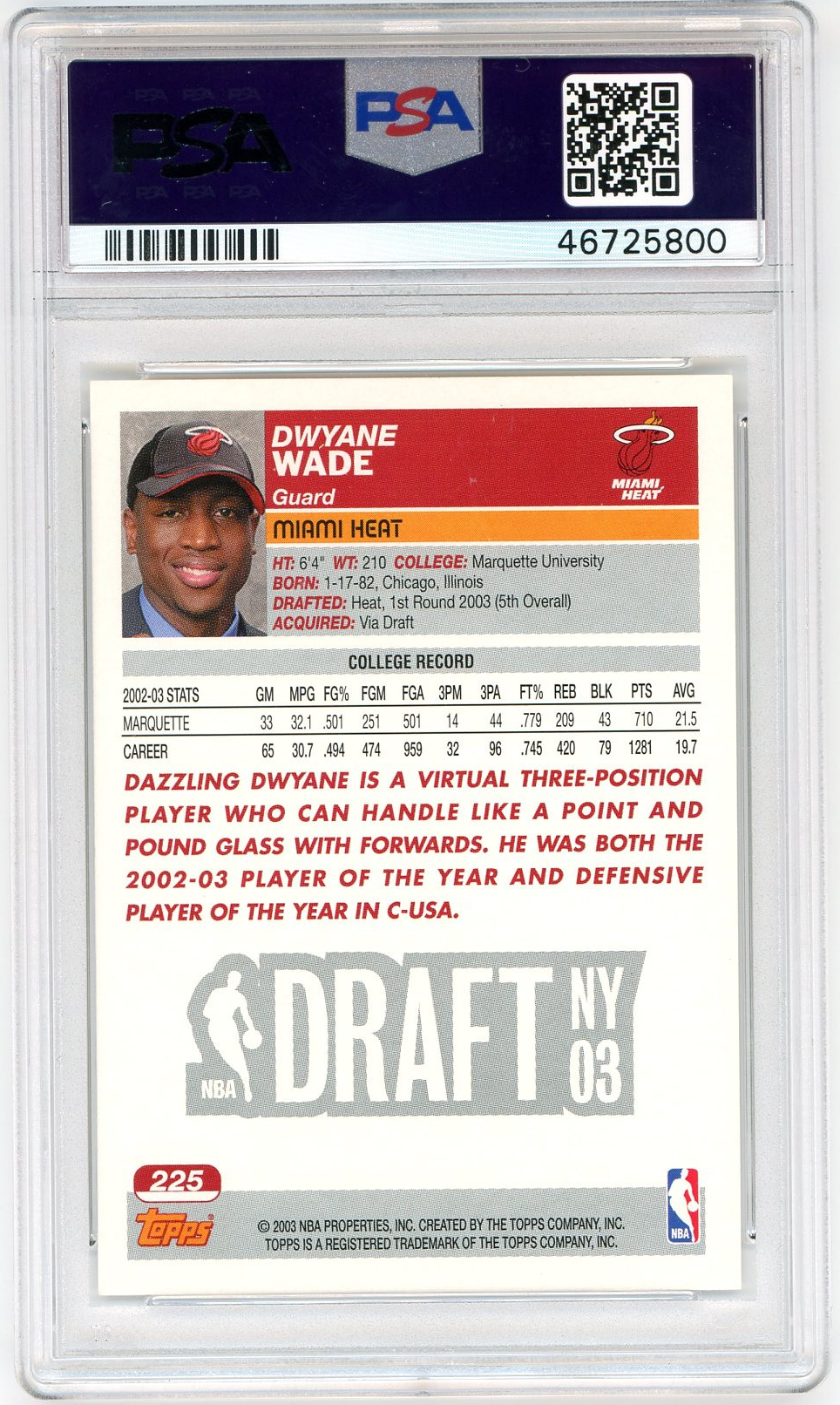 Dwyane Wade 2003 Topps Basketball Rookie Card RC #225 Graded PSA 9 MINT-Powers Sports Memorabilia