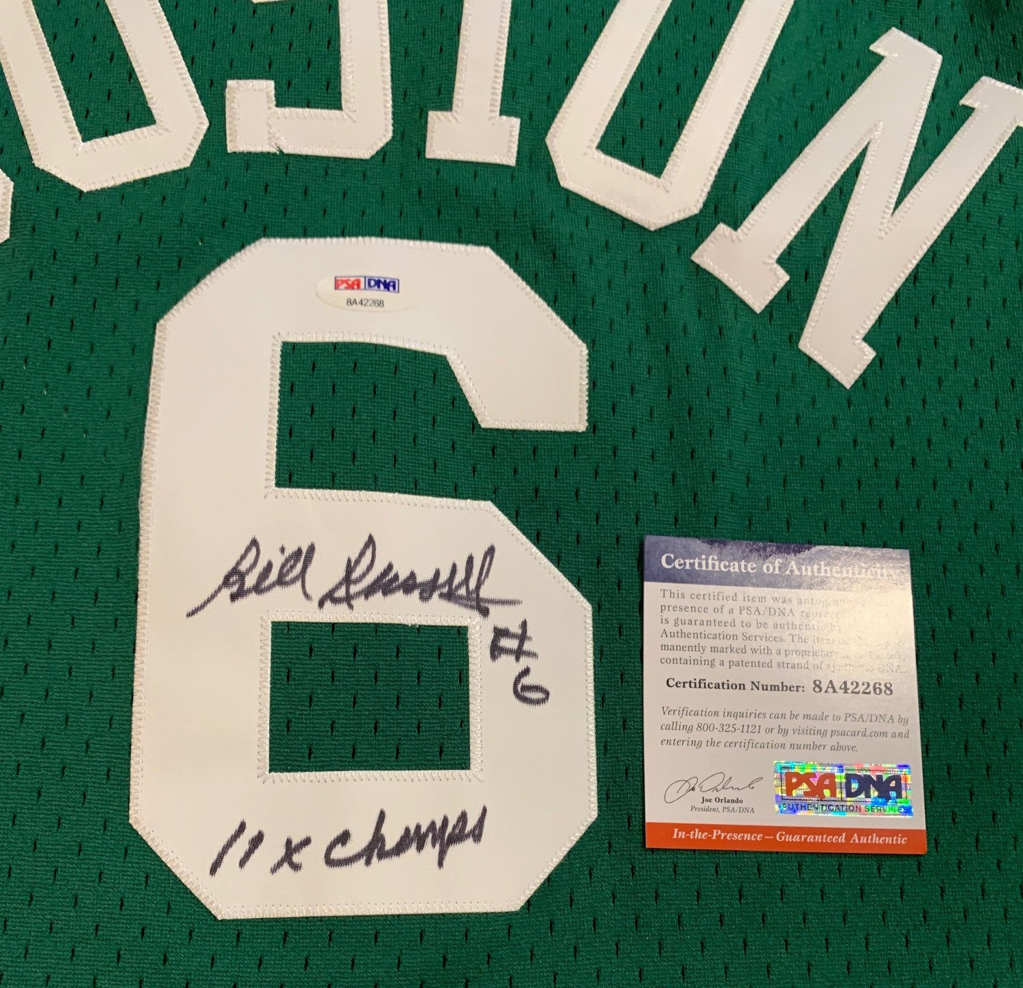 Bill Russell Signed Jersey. Nice replica of the road green jersey
