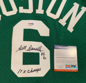 Boston Celtics Bill Russell Autographed Framed Green Jersey 11x