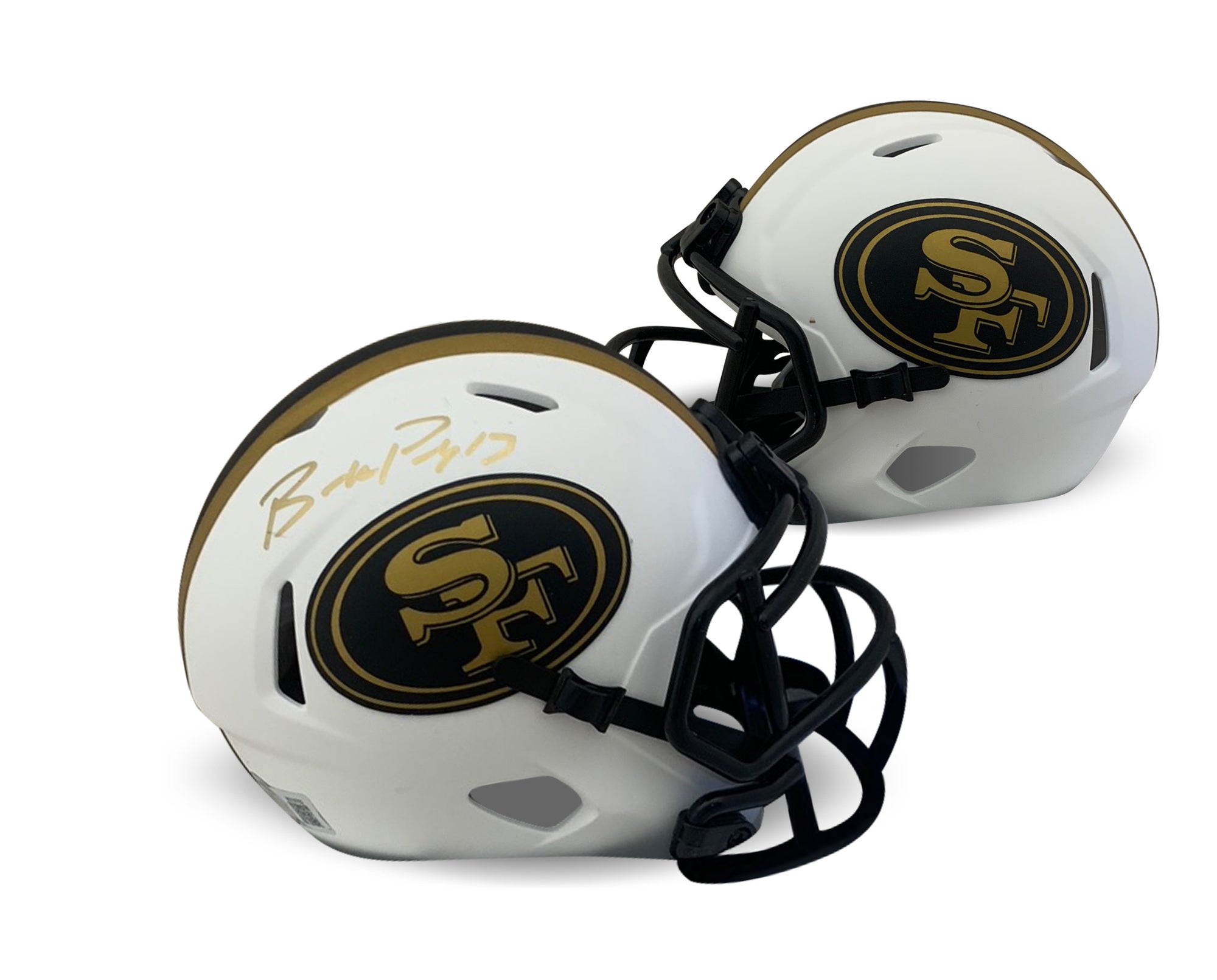 Brock Purdy Autographed San Francisco 49ers Signed Lunar Speed Football Mini Helmet Beckett COA Gold Signature-Powers Sports Memorabilia