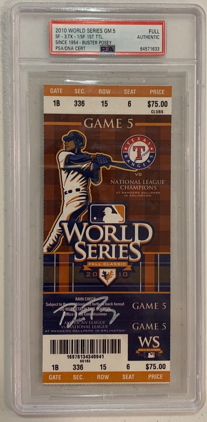 Buster Posey Autographed San Francisco Giants 2010 World Series Game 5 Signed Baseball Full Ticket PSA-Powers Sports Memorabilia