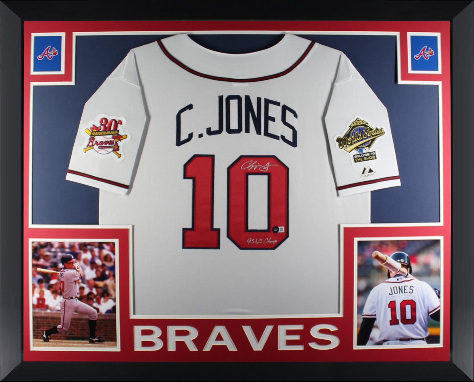Chipper Jones Autographed Atlanta Braves 1995 World Series Signed Majestic Baseball Framed Jersey Beckett COA-Powers Sports Memorabilia