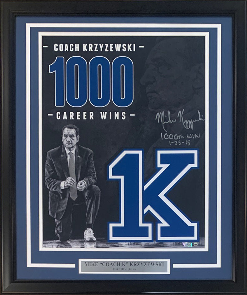 Mike Krzyzewski Coach K Autographed Duke Blue Devils 1000 Win Signed Basketball Framed 16x20 Photo Steiner Sports Fanatics Authentic COA-Powers Sports Memorabilia