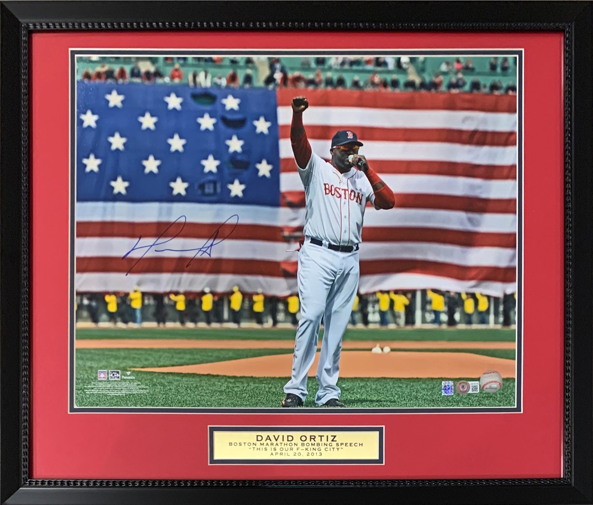 David Ortiz Autographed Boston Red Sox Signed Baseball 16x20 Framed Boston  Marathon Bombing Photo THIS IS OUR F--ING CITY Beckett COA