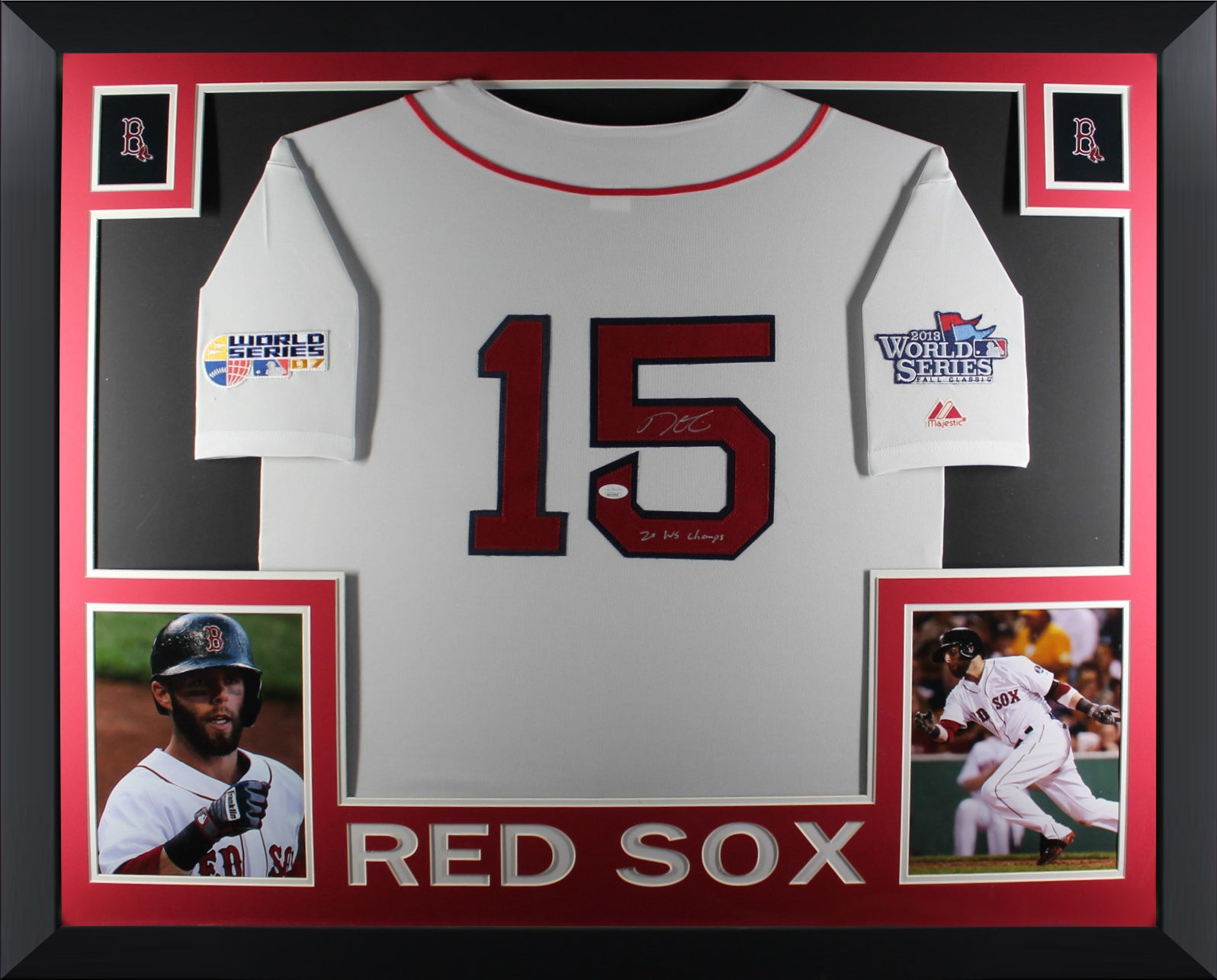 Dustin Pedroia Autographed Boston Red Sox Signed Majestic Baseball Framed Jersey 2 x World Series Champion JSA COA-Powers Sports Memorabilia