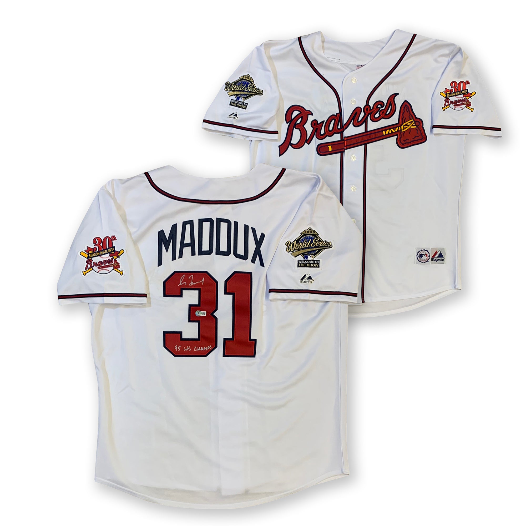 Greg Maddux Autographed Atlanta Braves 1995 World Series Signed Majestic Baseball Jersey Beckett COA-Powers Sports Memorabilia