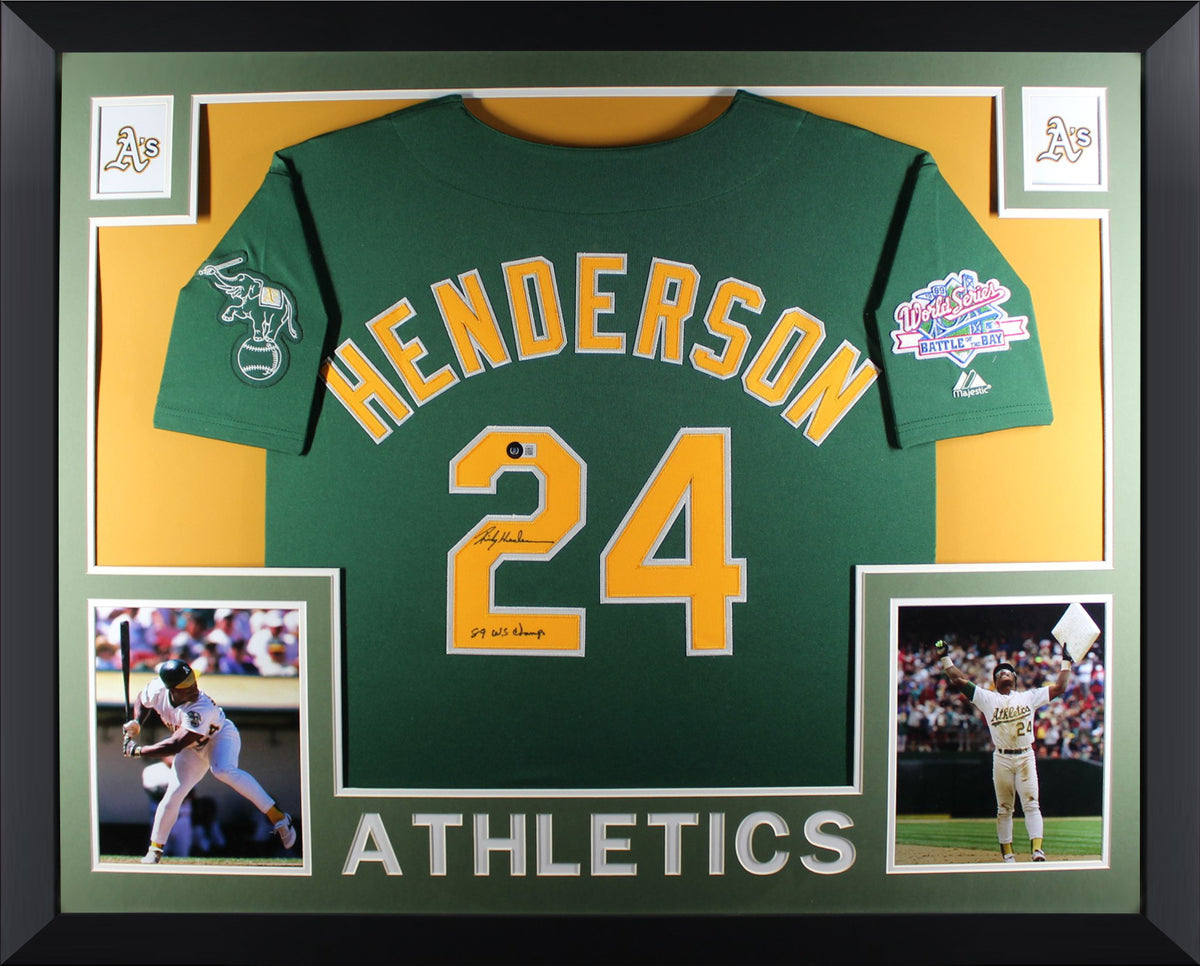Rickey Henderson Autographed Oakland Athletics 1989 World Series Signed  Majestic Baseball Green Framed Jersey Beckett COA