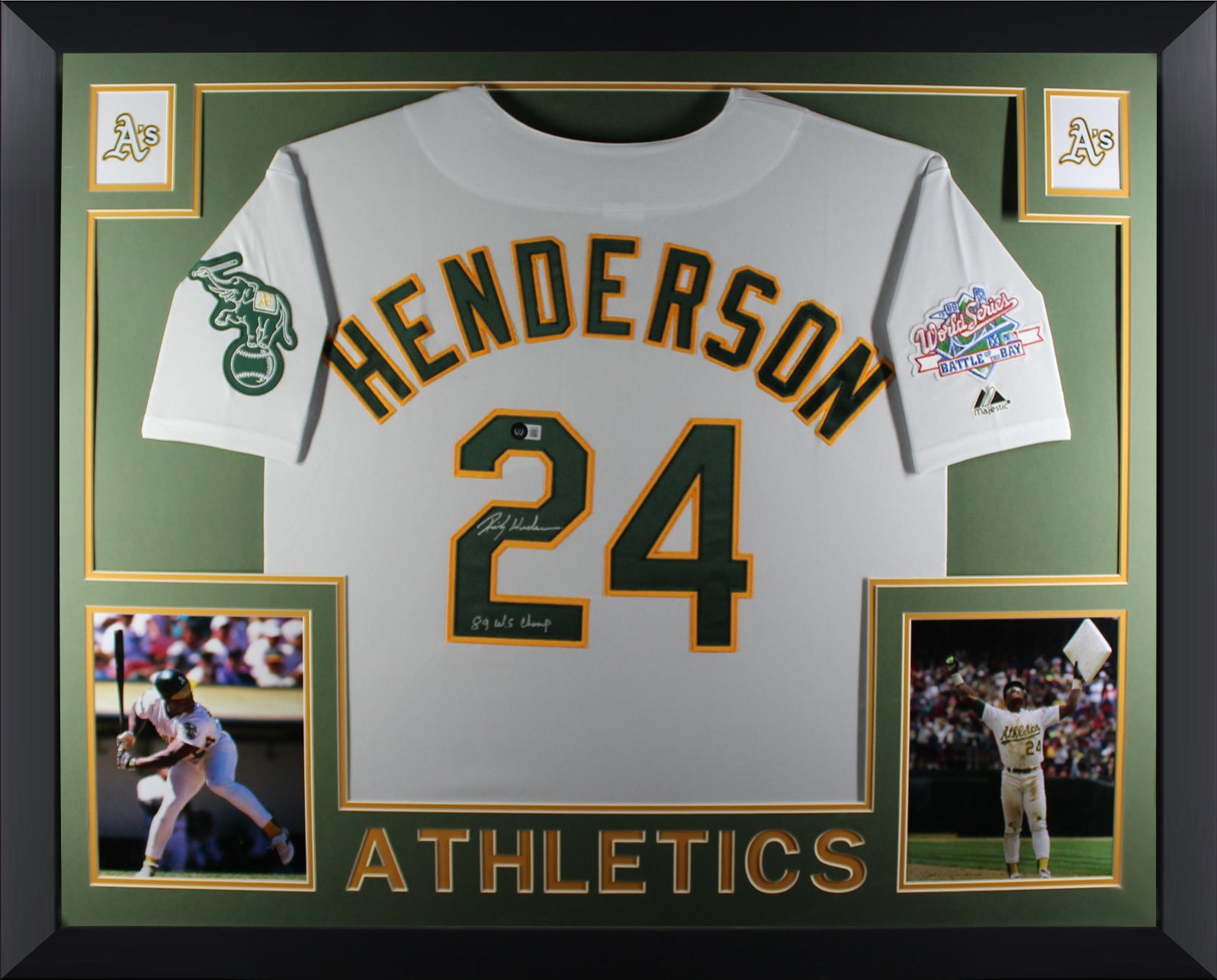 Rickey Henderson Autographed Oakland Athletics 1989 World Series Signed Majestic Baseball White Framed Jersey Beckett COA-Powers Sports Memorabilia