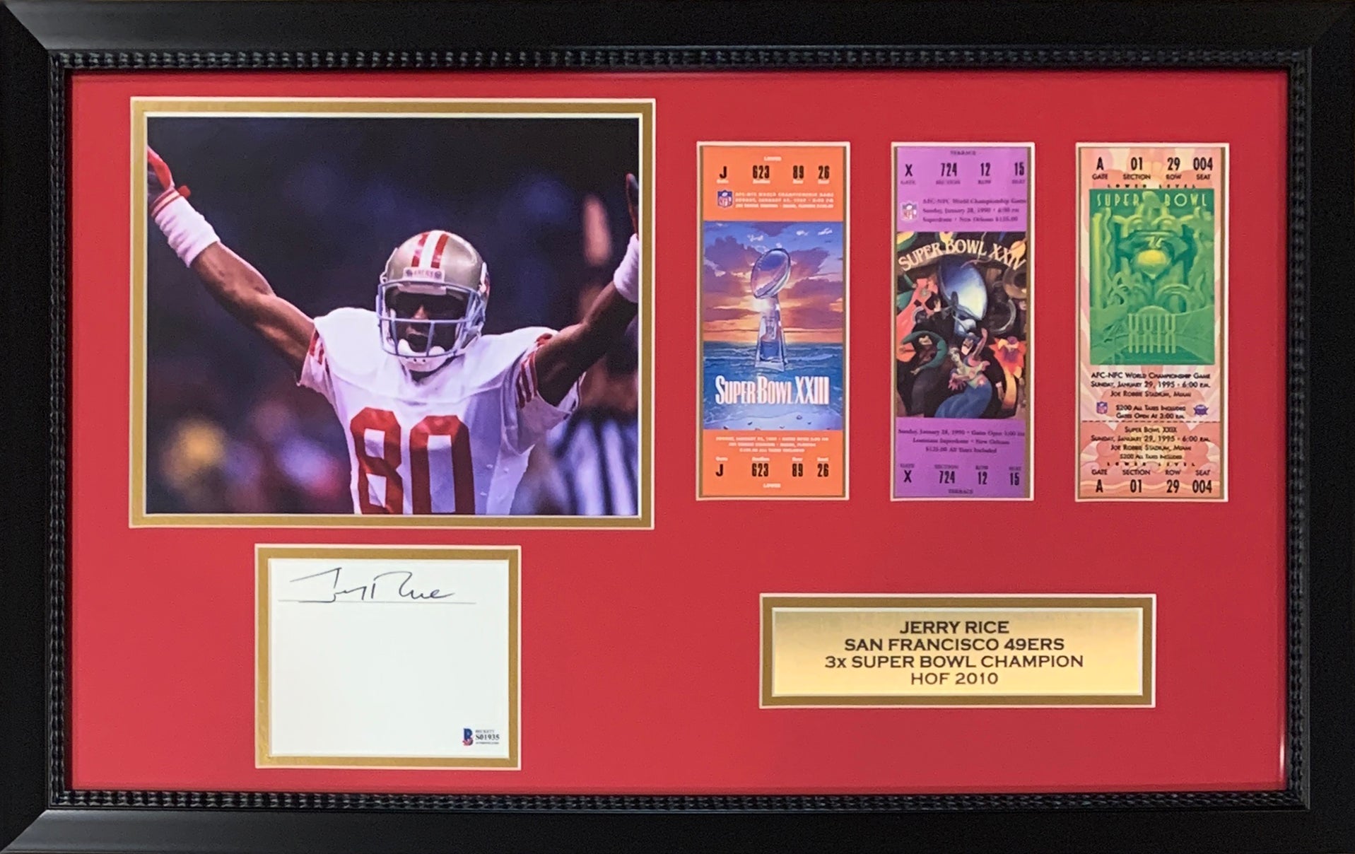 Jerry Rice Autographed San Francisco 49ers Signed Super Bowl Ticket Photo 16x26 Framed Display Beckett Authentication COA-Powers Sports Memorabilia