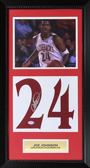 Joe Johnson Autographed Arkansas Razorbacks Signed Basketball Jersey Number 14x26 Framed Photo Display PSA DNA COA-Powers Sports Memorabilia