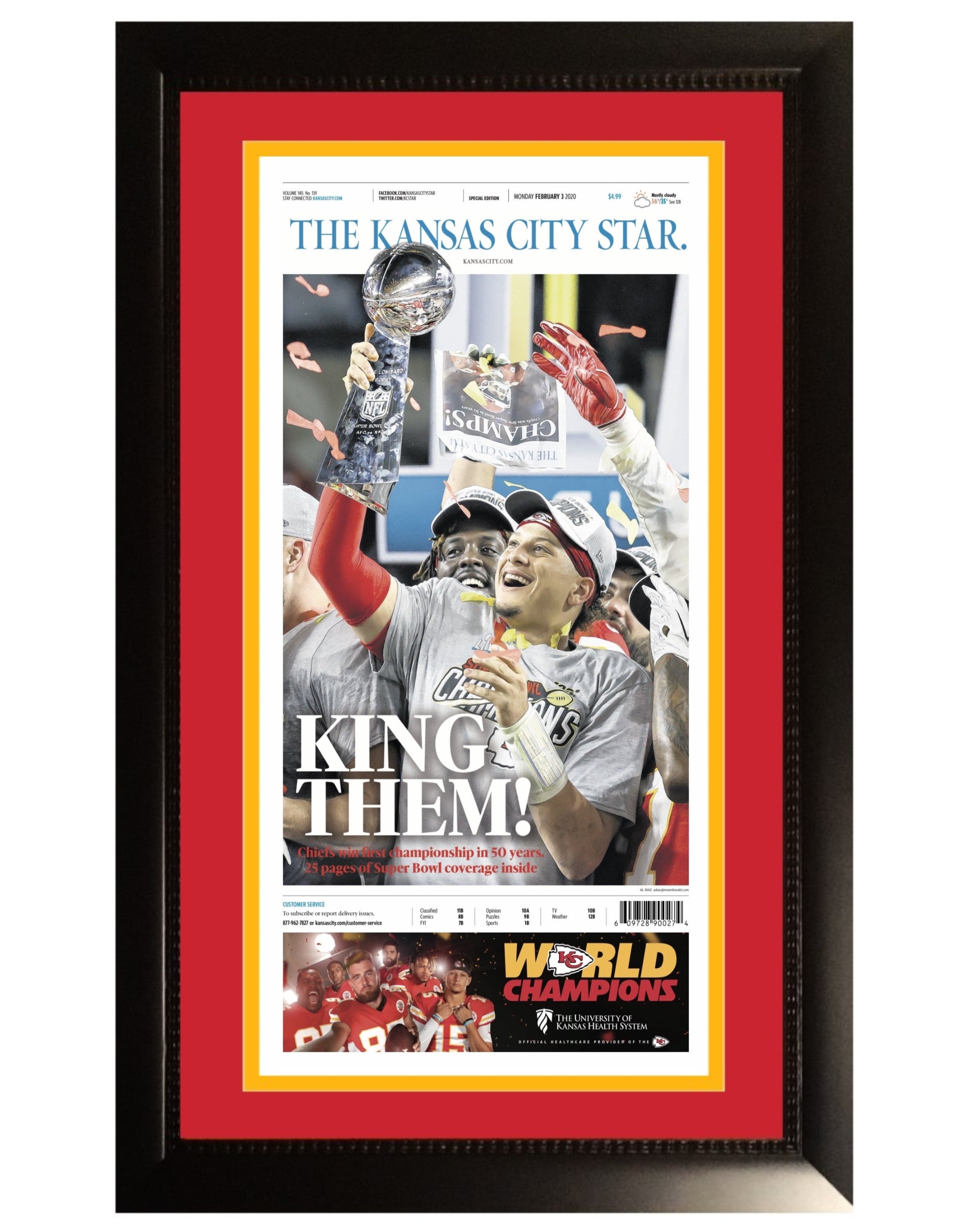 FREE SHIPPING Kansas City Chiefs framed complete newspaper Super