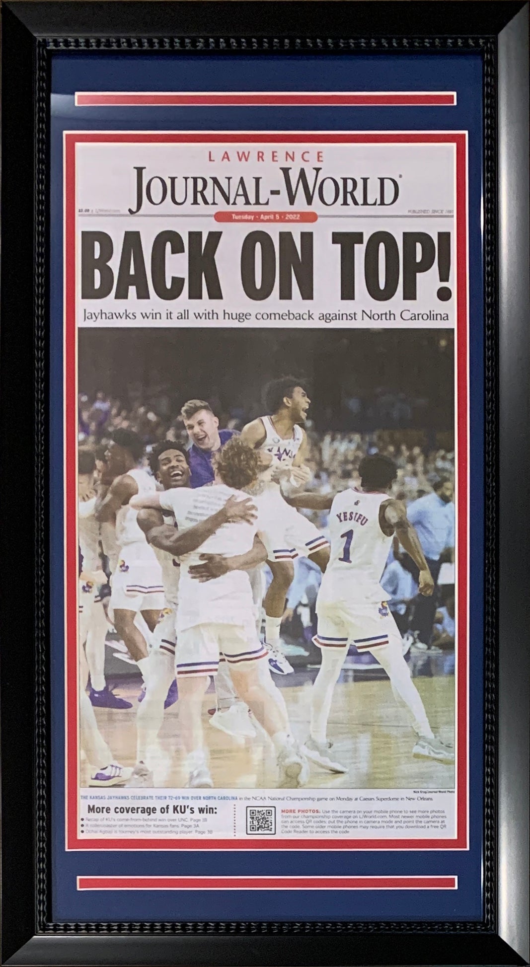 Kansas Jayhawks 2022 NCAA Basketball Champions Lawrence Journal World Original Front Page Framed Newspaper 14x26 GET THE AUTHENTIC VERSION!-Powers Sports Memorabilia