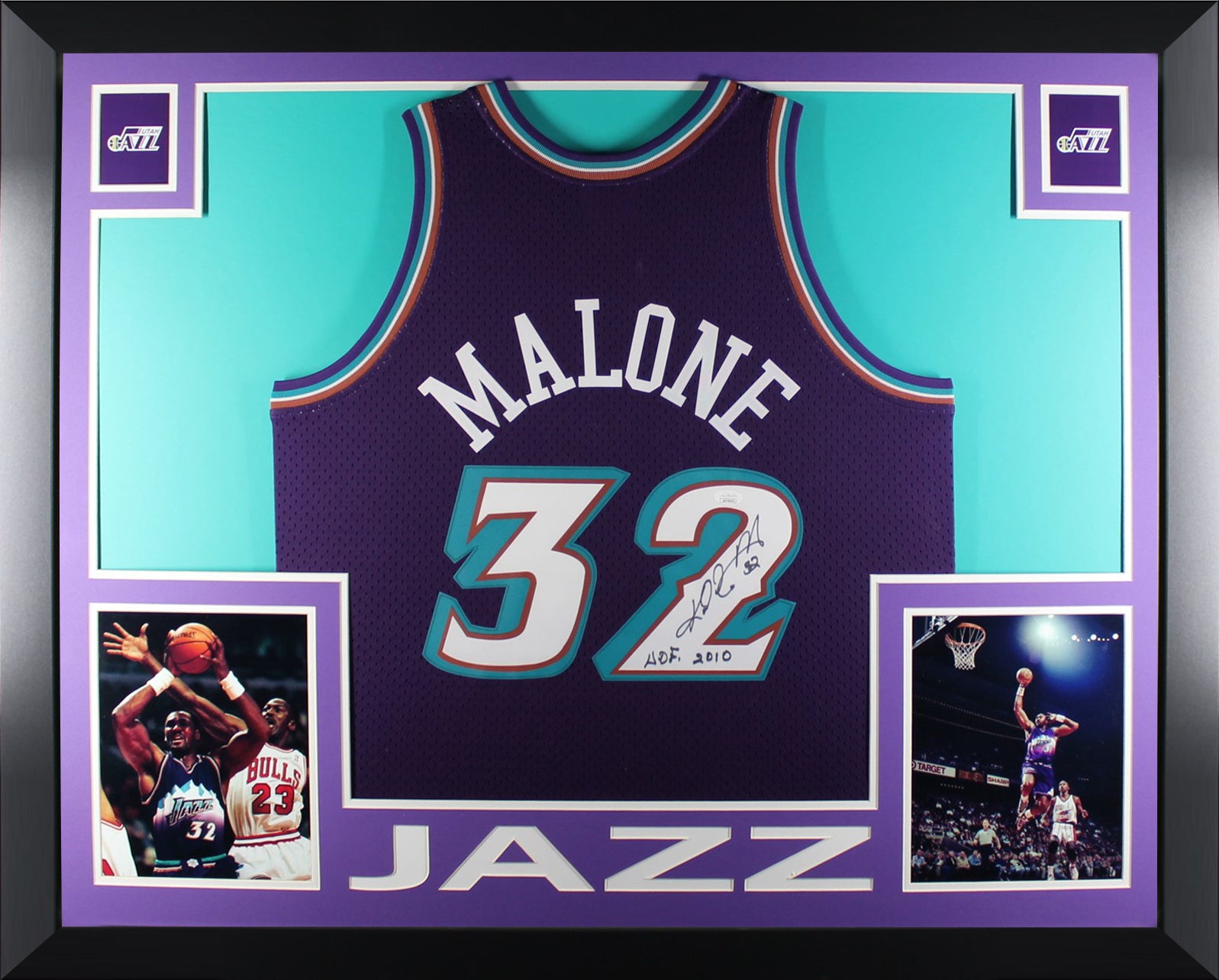 Karl Malone Autographed Utah Jazz Signed Mitchell Ness Swingman Framed Jersey Hall of Fame HOF 2010 JSA COA