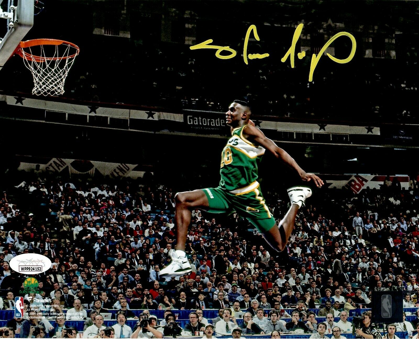 Framed Autographed/Signed Shawn Kemp 33x42 Seattle Green