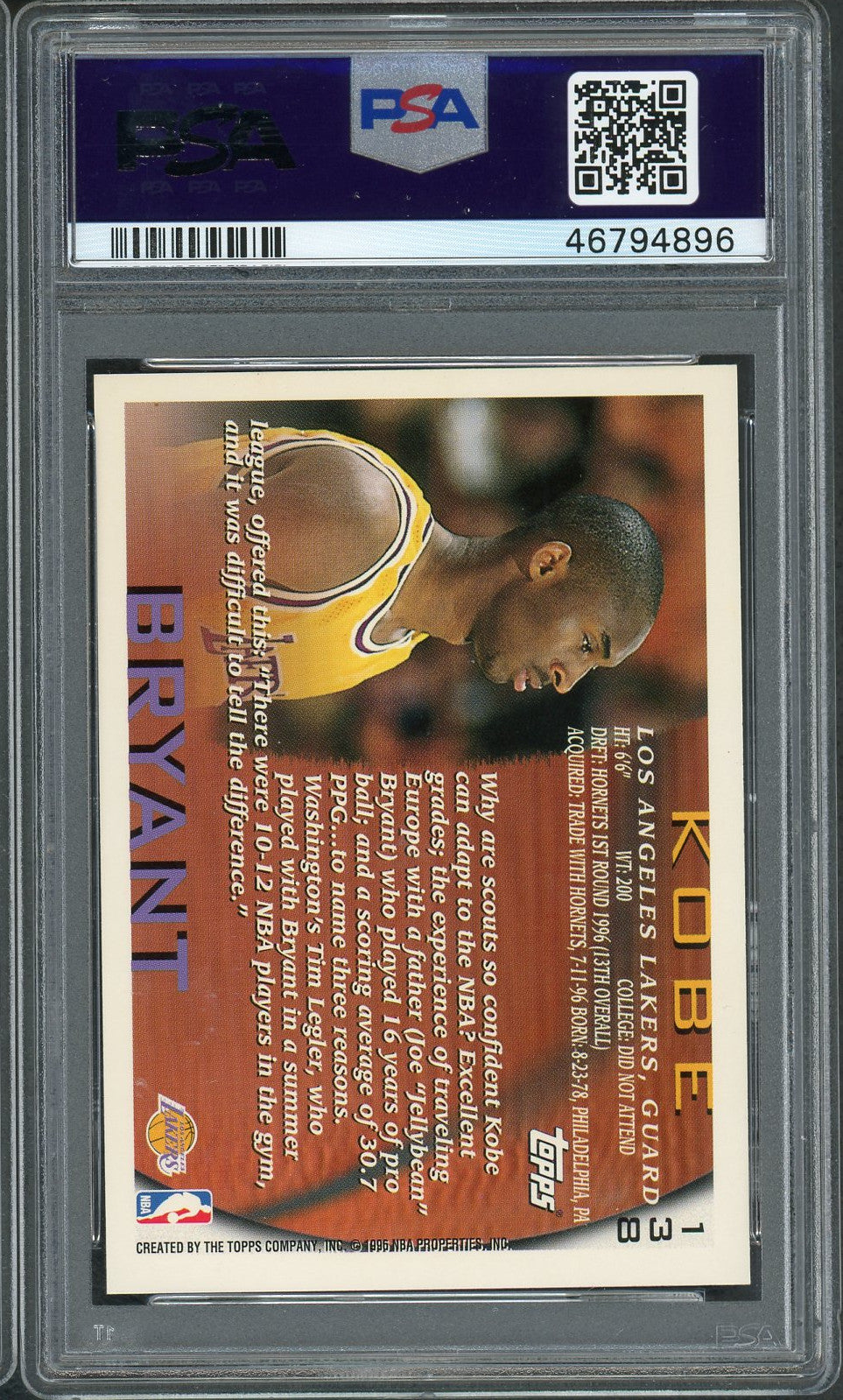 Kobe Bryant 1996 Topps Basketball Rookie Card RC #138 Graded PSA 8