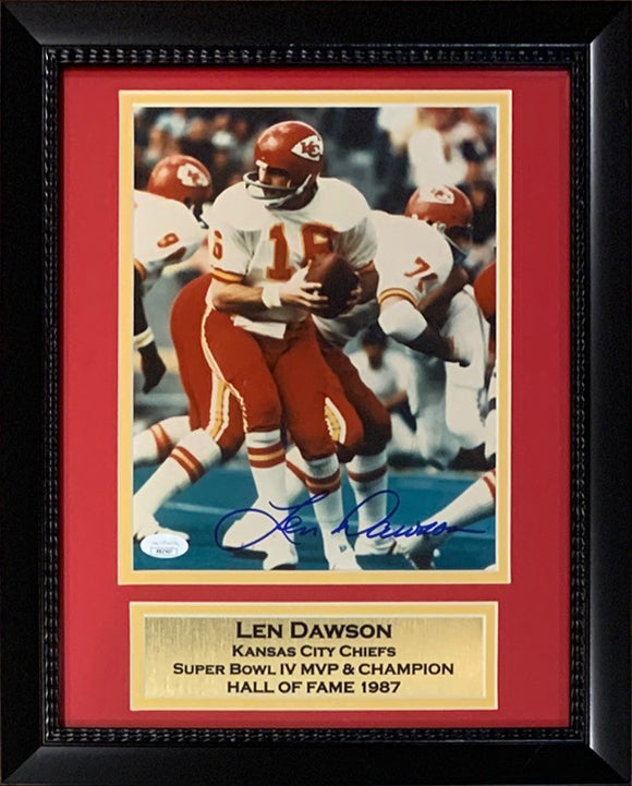 Len Dawson Autographed Kansas City Chiefs Signed Football 8x10 Framed Photo JSA COA 1-Powers Sports Memorabilia