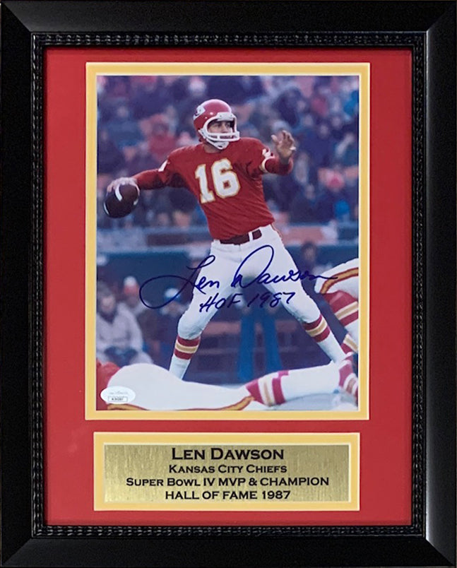 Len Dawson Autographed Kansas City Chiefs Signed Football 8x10 Framed Photo Hall of Fame HOF 1987 JSA COA 2-Powers Sports Memorabilia