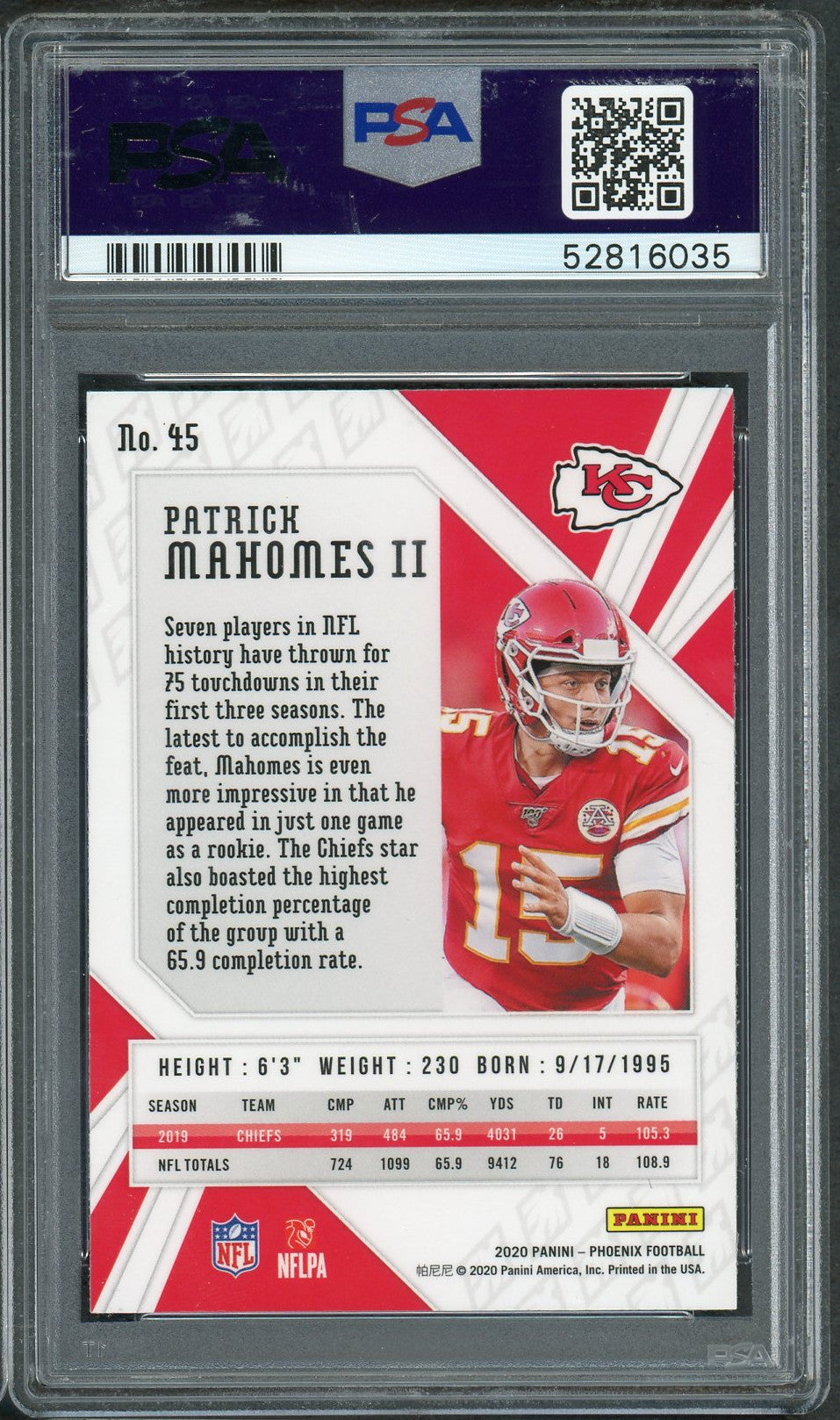 Patrick Mahomes 2020 Panini Phoenix Fire Burst Football Card #45 Grade ...