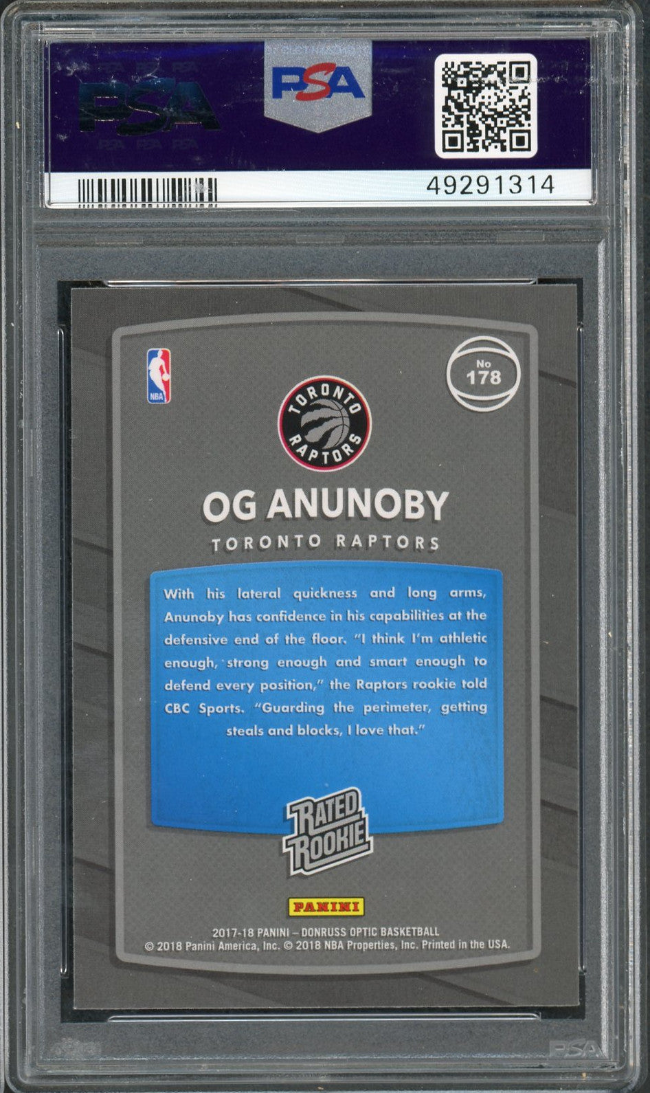 OG Anunoby 2017 Panini Donruss Optic Basketball Rookie Card RC #178 Graded PSA 9 MINT-Powers Sports Memorabilia