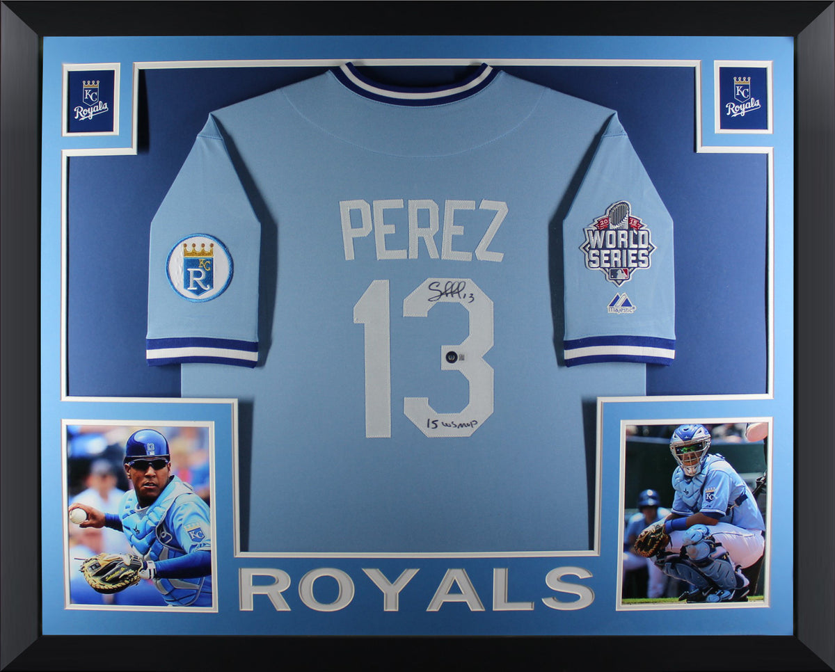 Salvador Perez Autographed Kansas City Royals 2015 World Series MVP Signed  Majestic Baseball Framed Jersey Beckett COA A