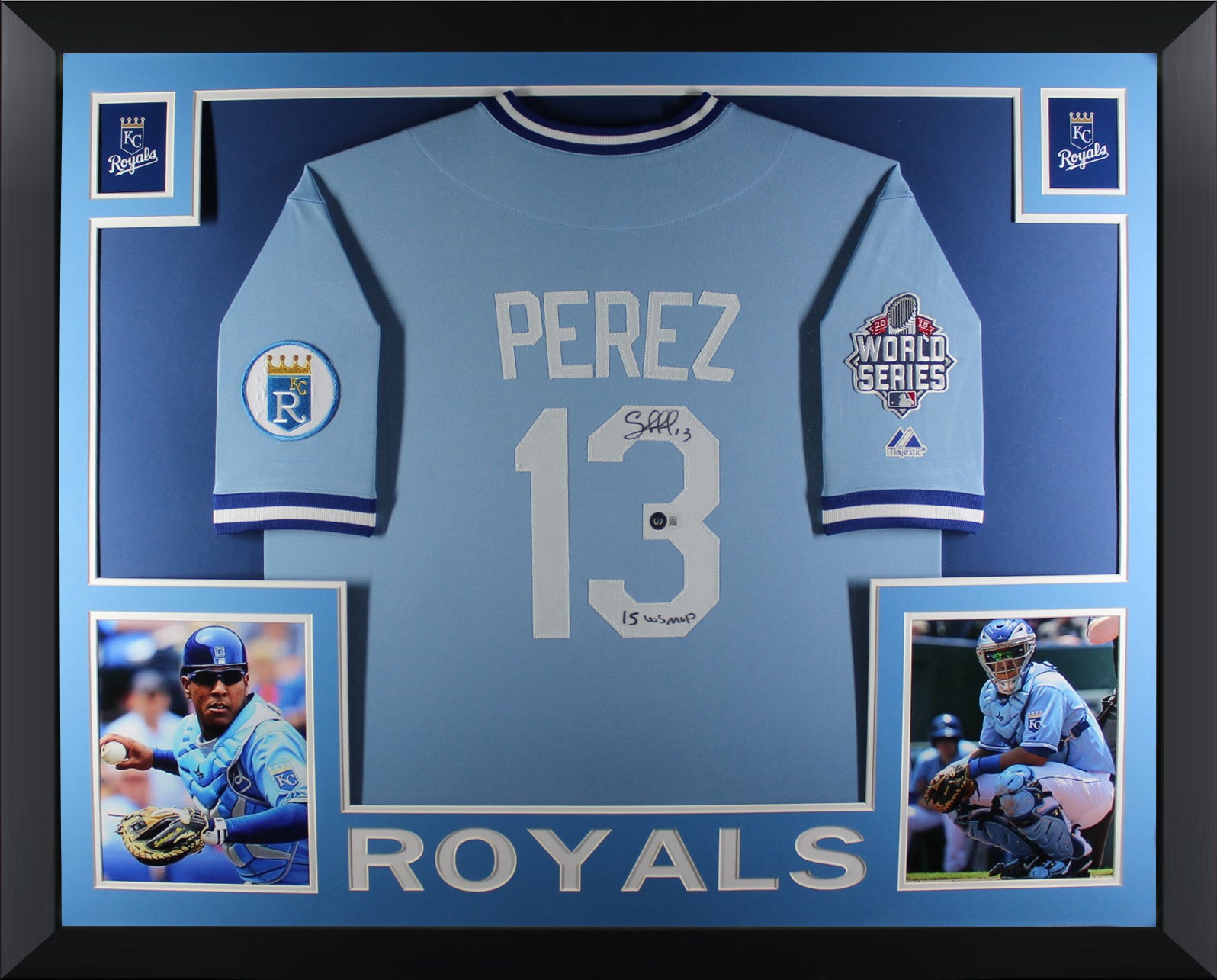 Salvador Perez Autographed Kansas City Royals 2015 World Series MVP Signed Majestic Baseball Framed Jersey Beckett COA A-Powers Sports Memorabilia