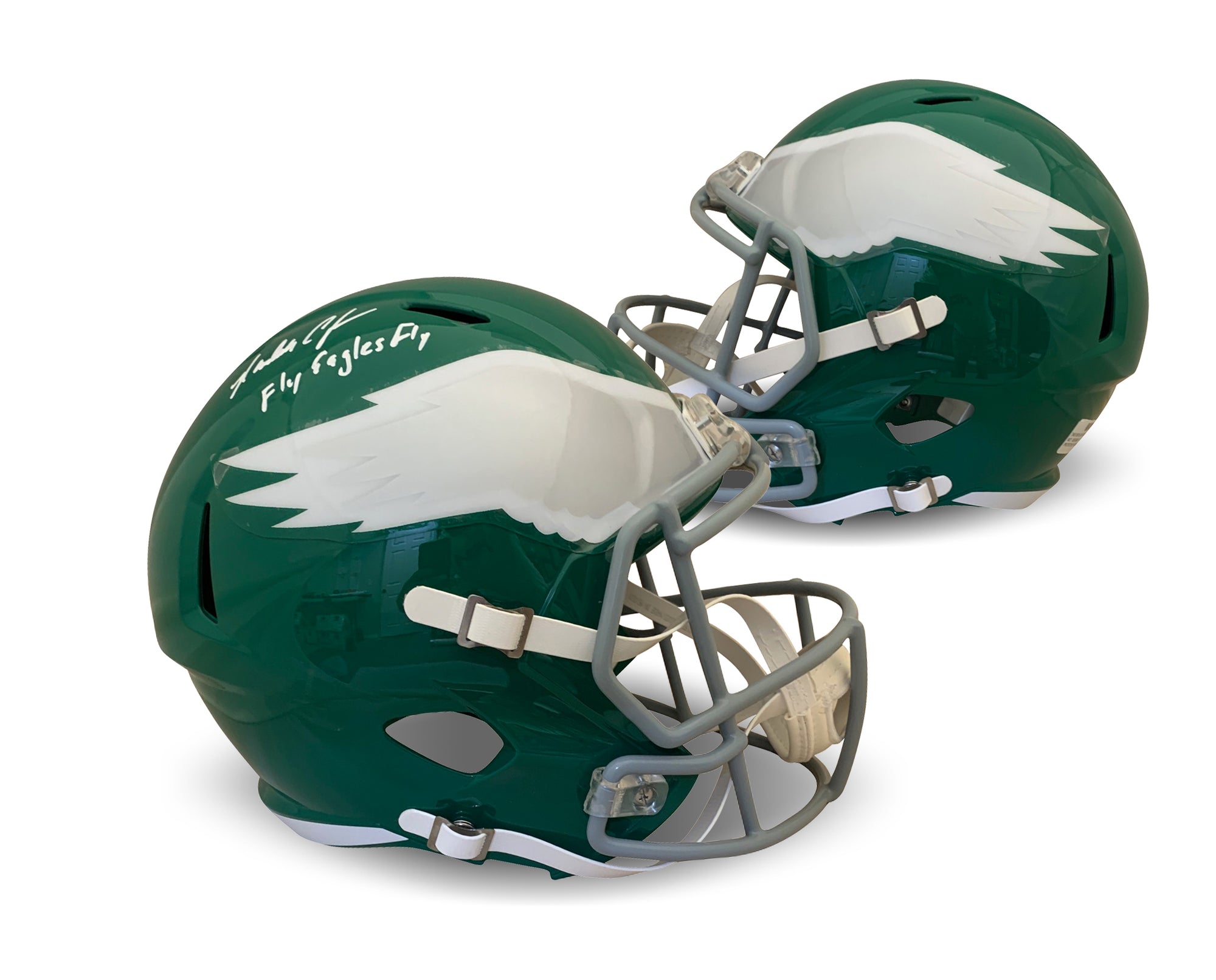 Randall Cunningham Autographed Philadelphia Eagles Throwback Signed Football Full Size Replica Helmet Fly Eagles Fly Beckett COA-Powers Sports Memorabilia