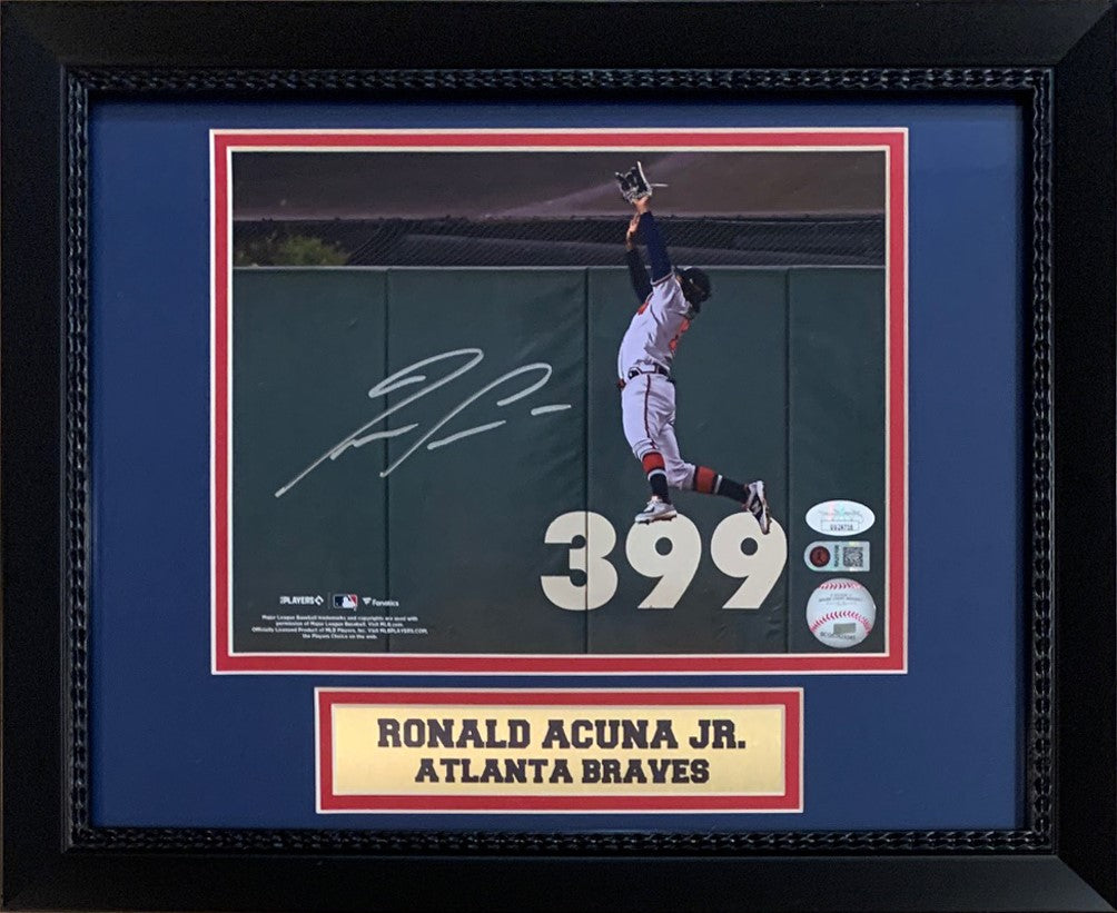 Framed Autographed/Signed Ronald Acuna Jr. 33x42 Atlanta Red Baseball Jersey  JSA COA - Hall of Fame Sports Memorabilia
