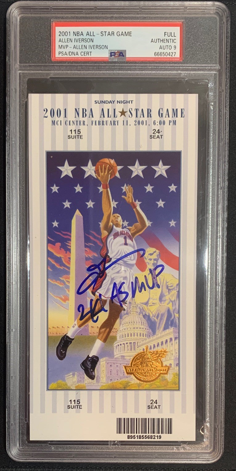 Allen Iverson Autographed 2001 NBA All Star Game MVP Signed Basketball Ticket Auto Graded PSA 9 66650427-Powers Sports Memorabilia