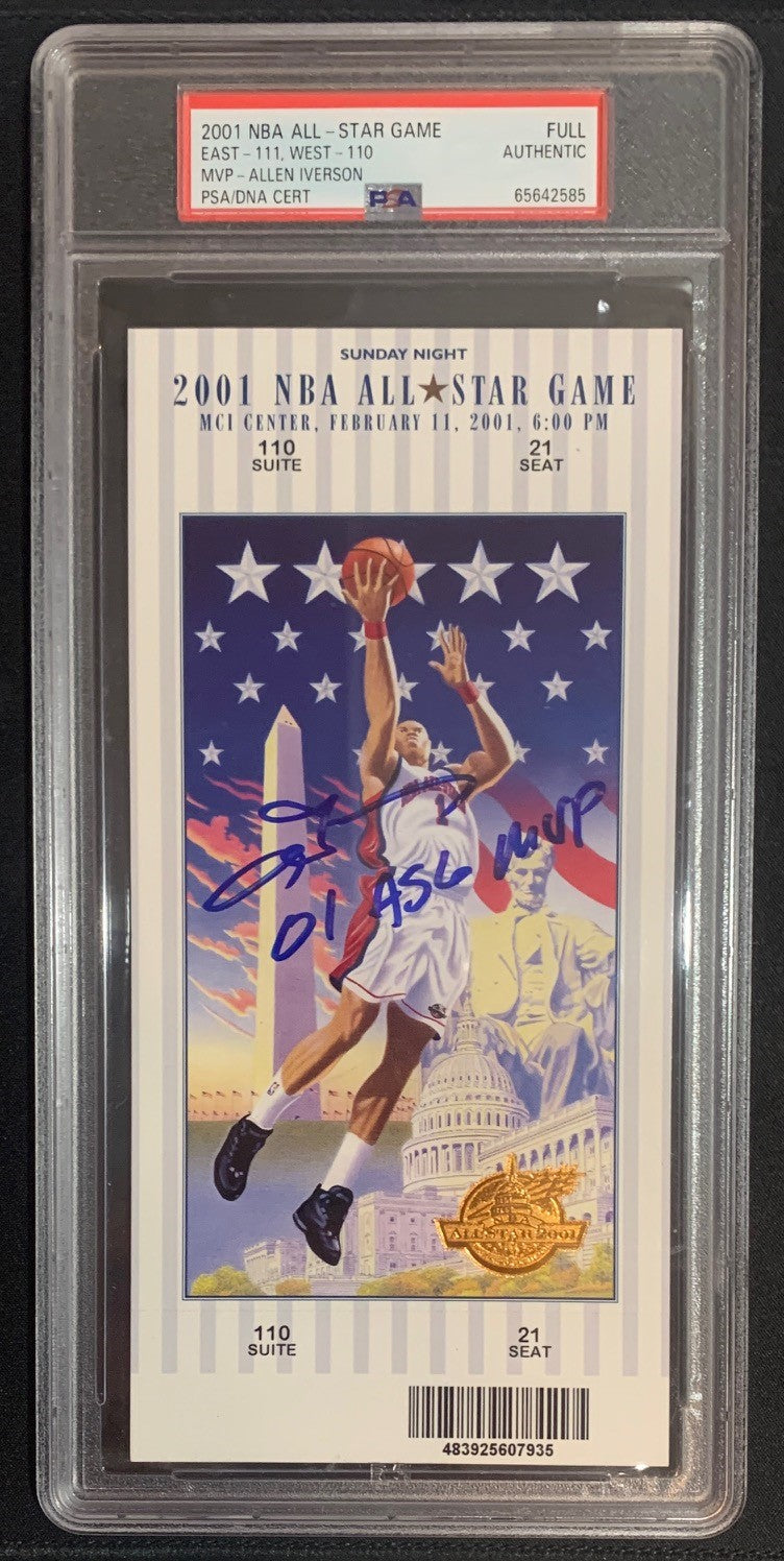 Allen Iverson Autographed 2001 NBA All Star Game MVP Signed Basketball Ticket Auto Graded PSA 65642585-Powers Sports Memorabilia
