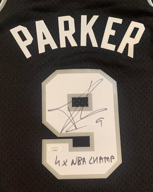 Tony Parker Autographed San Antonio Signed Basketball Swingman Jersey 4 x CHAMP JSA COA-Powers Sports Memorabilia