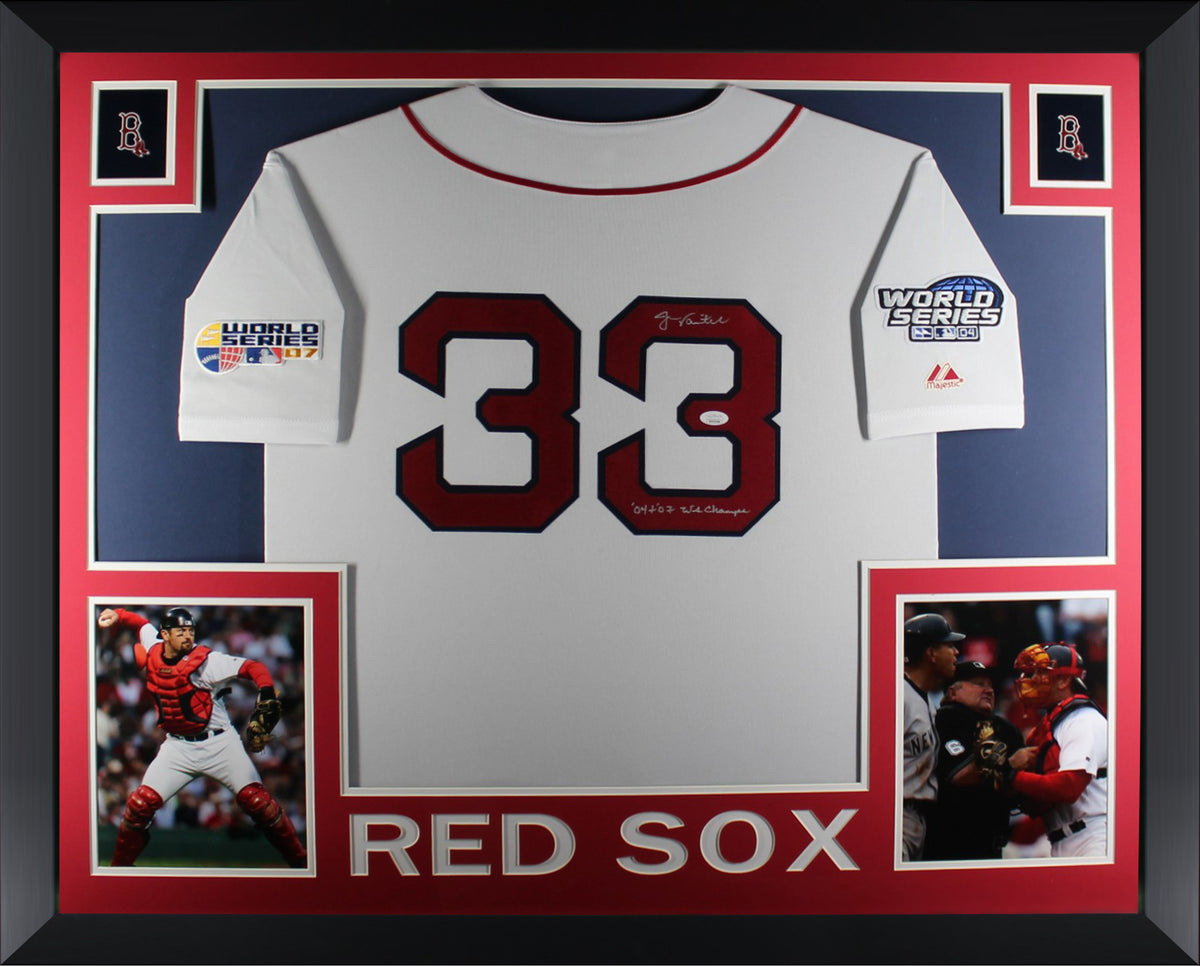 Jason Varitek Autographed Boston Red Sox 2004 2007 World Series Signed  Majestic Baseball Framed Jersey JSA COA