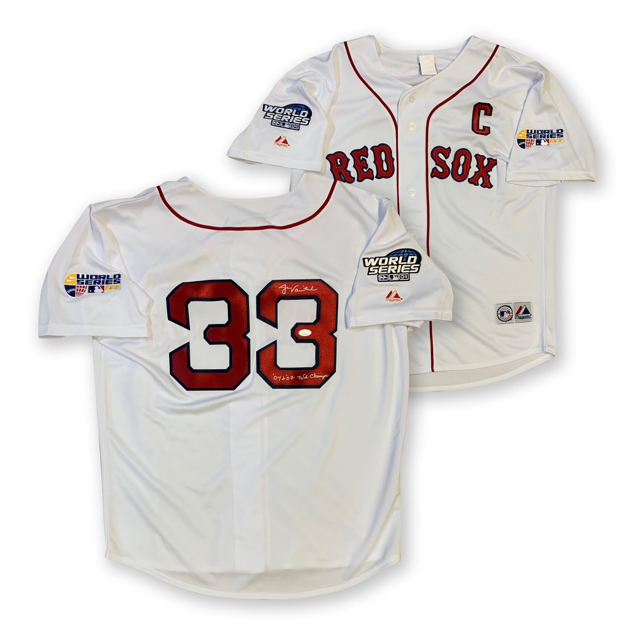 Jason Varitek Autographed Boston Red Sox 2004 2007 World Series Signed Majestic Baseball Jersey JSA COA-Powers Sports Memorabilia