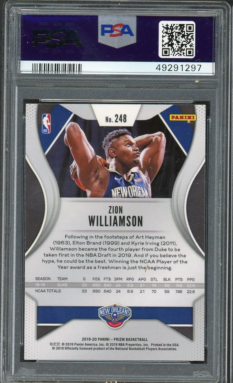 Zion Williamson 2019 Panini Prizm Basketball Rookie Card RC #248 Grade